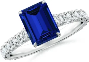 Angara Emerald-Cut Lab Grown Blue Sapphire Two Tone Engagement Ring with Accents in 14K Solid Gold/Platinum | Birthday, Anniversary, Wedding Jewelry Gift for Women