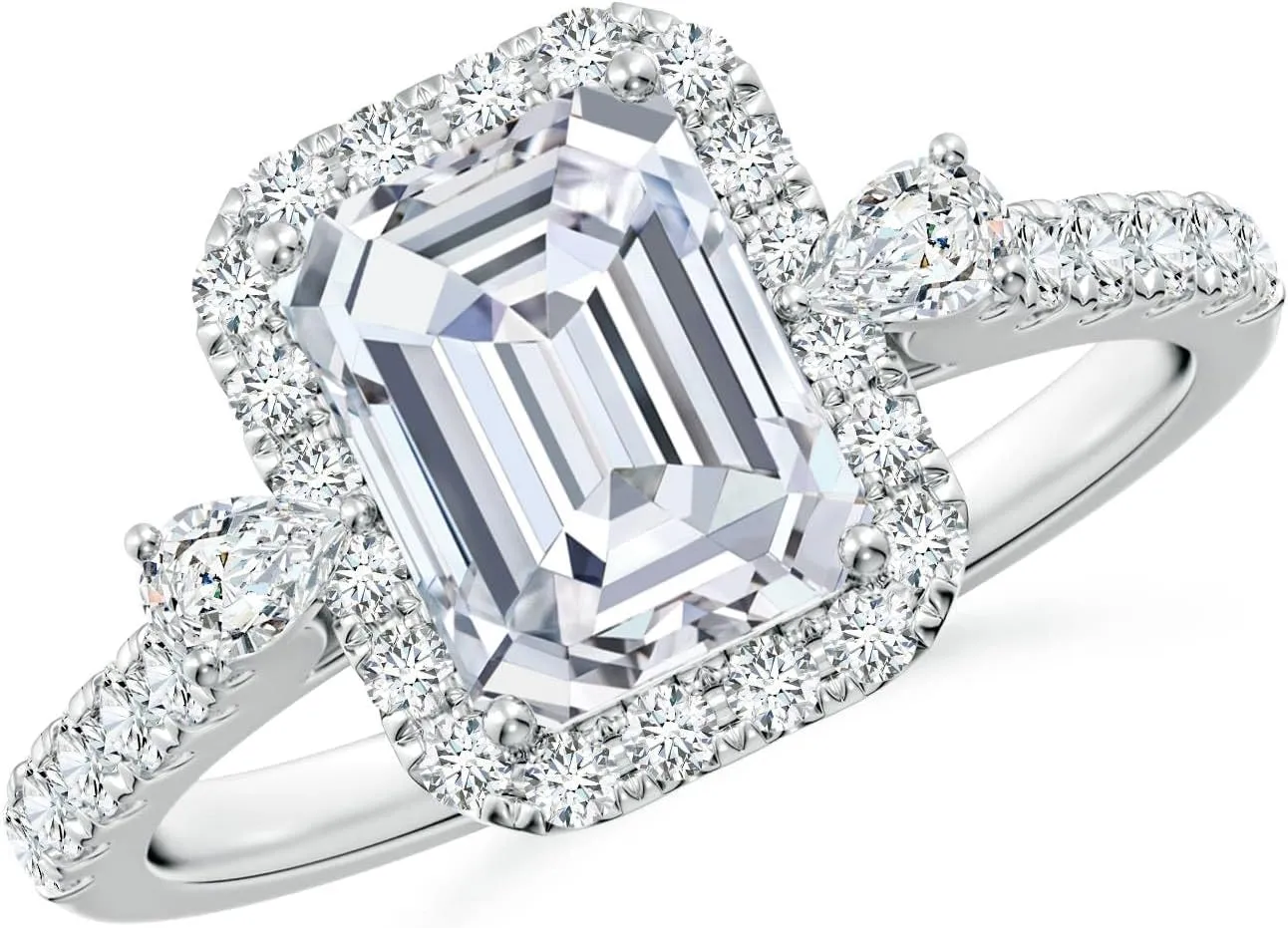 Angara Emerald-Cut Lab Grown Diamond Halo Side Stone Engagement Ring in 14K Solid Gold/Platinum | April Birthstone, Birthday, Anniversary, Wedding Jewelry Gift for Women