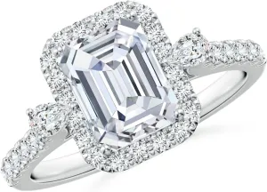Angara Emerald-Cut Lab Grown Diamond Halo Side Stone Engagement Ring in 14K Solid Gold/Platinum | April Birthstone, Birthday, Anniversary, Wedding Jewelry Gift for Women