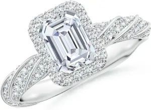 Angara Emerald-Cut Lab Grown Diamond Halo Twisted Rope Shank Engagement Ring in 14K Solid Gold/Platinum | April Birthstone, Birthday, Anniversary, Wedding Jewelry Gift for Women