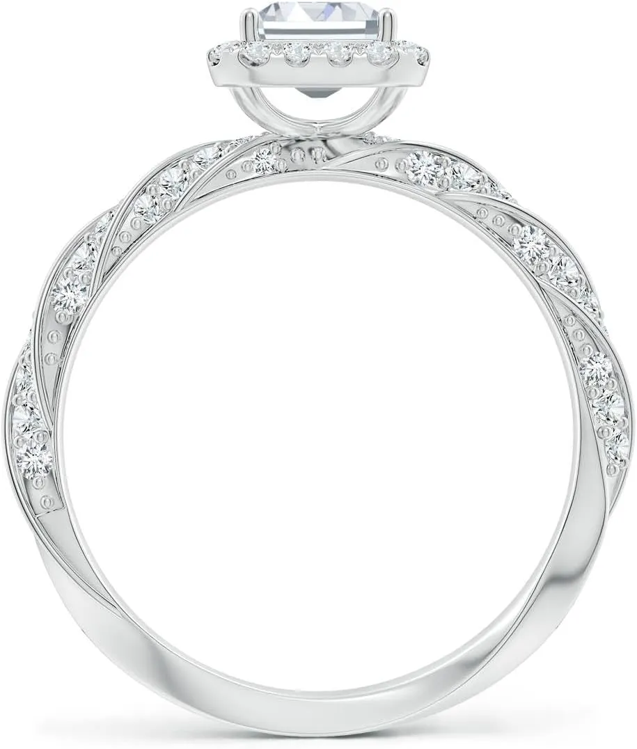 Angara Emerald-Cut Lab Grown Diamond Halo Twisted Rope Shank Engagement Ring in 14K Solid Gold/Platinum | April Birthstone, Birthday, Anniversary, Wedding Jewelry Gift for Women