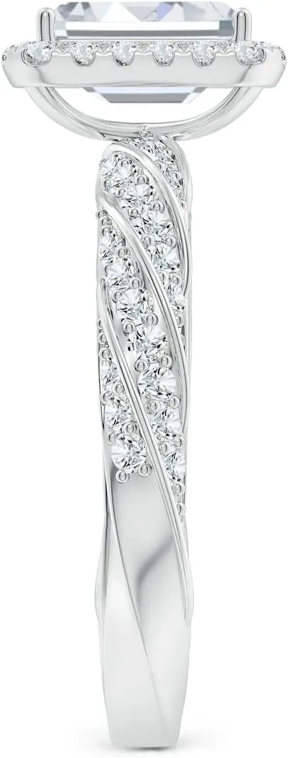 Angara Emerald-Cut Lab Grown Diamond Halo Twisted Rope Shank Engagement Ring in 14K Solid Gold/Platinum | April Birthstone, Birthday, Anniversary, Wedding Jewelry Gift for Women