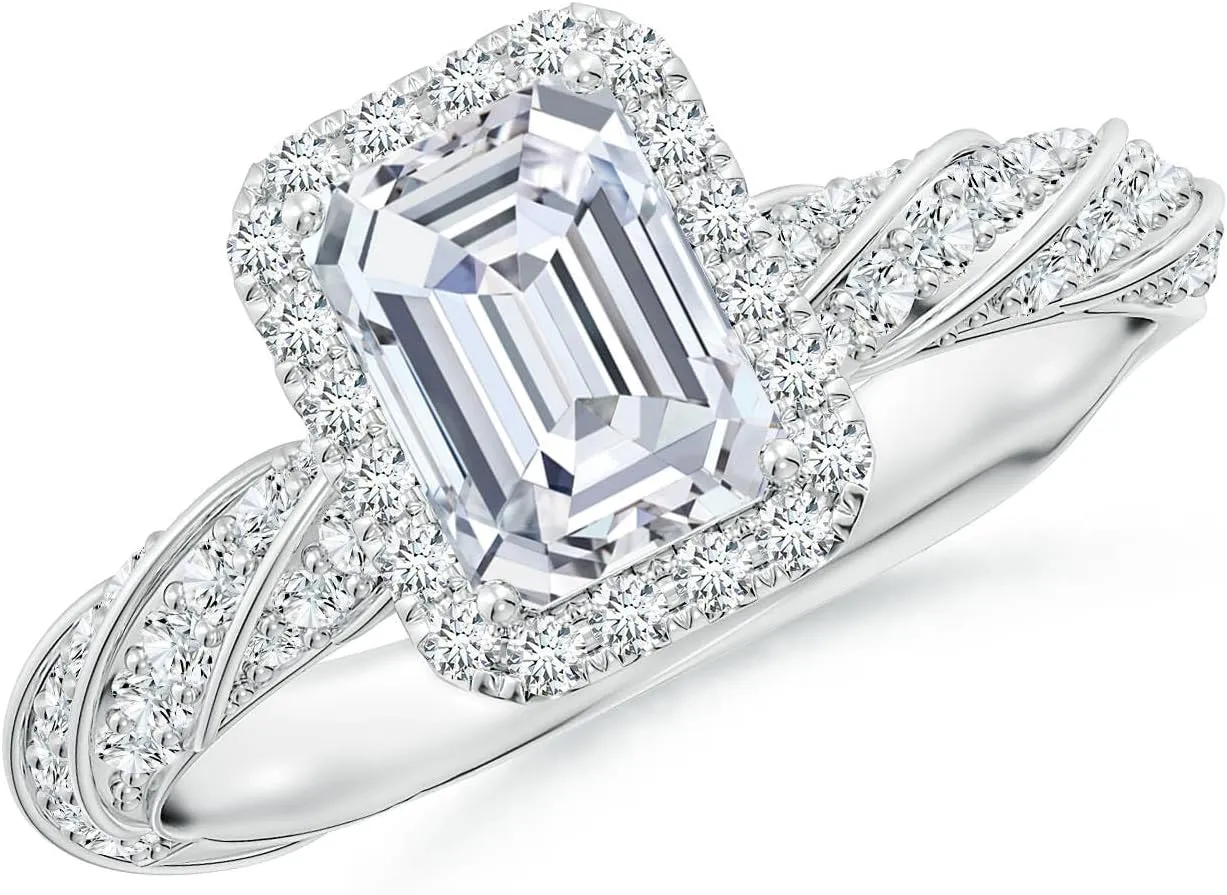 Angara Emerald-Cut Lab Grown Diamond Halo Twisted Rope Shank Engagement Ring in 14K Solid Gold/Platinum | April Birthstone, Birthday, Anniversary, Wedding Jewelry Gift for Women