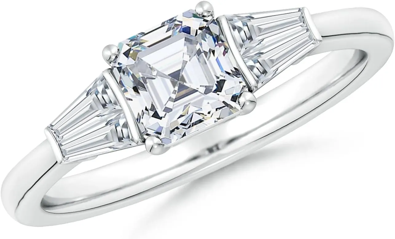 Angara Lab Grown Asscher-Cut and Twin Tapered Baguette Diamond Side Stone Engagement Ring in Silver / 14K Solid Gold/Platinum | April Birthstone, Birthday, Anniversary Jewelry Gift for Women