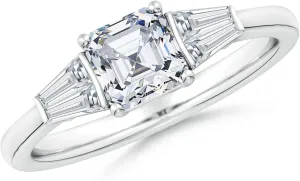 Angara Lab Grown Asscher-Cut and Twin Tapered Baguette Diamond Side Stone Engagement Ring in Silver / 14K Solid Gold/Platinum | April Birthstone, Birthday, Anniversary Jewelry Gift for Women