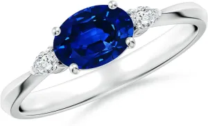 Angara Lab Grown Classic East-West Oval Blue Sapphire Side Stone Engagement Ring in 14K Solid Gold/Platinum | September Birthstone, Birthday, Anniversary, Wedding Jewelry Gift for Women