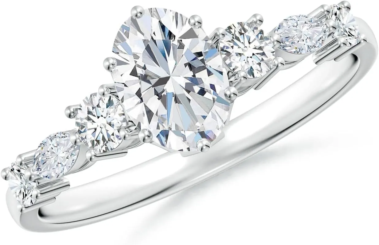 Angara Lab Grown Classic Oval Diamond Side Stone Engagement Ring in 14K Solid Gold/Platinum | April Birthstone, Birthday, Anniversary, Wedding Jewelry Gift for Women