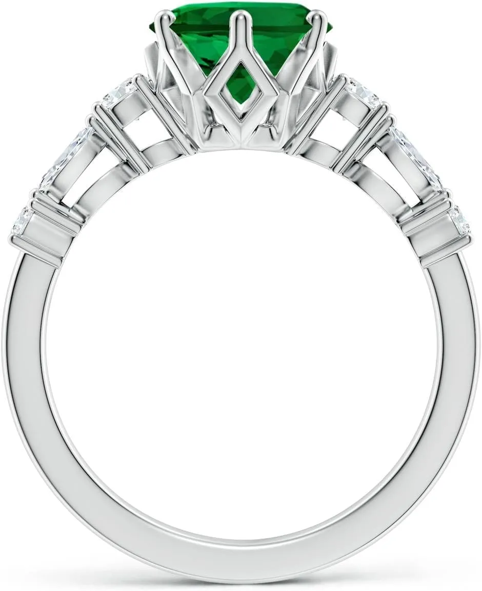 Angara Lab Grown Classic Oval Emerald Side Stone Engagement Ring in 14K Solid Gold/Platinum | May Birthstone, Birthday, Anniversary, Wedding Jewelry Gift for Women