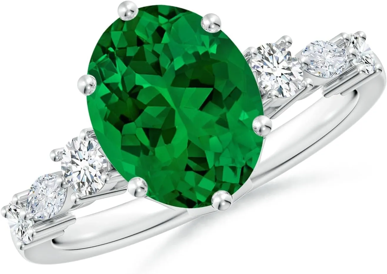 Angara Lab Grown Classic Oval Emerald Side Stone Engagement Ring in 14K Solid Gold/Platinum | May Birthstone, Birthday, Anniversary, Wedding Jewelry Gift for Women