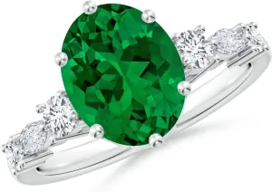 Angara Lab Grown Classic Oval Emerald Side Stone Engagement Ring in 14K Solid Gold/Platinum | May Birthstone, Birthday, Anniversary, Wedding Jewelry Gift for Women