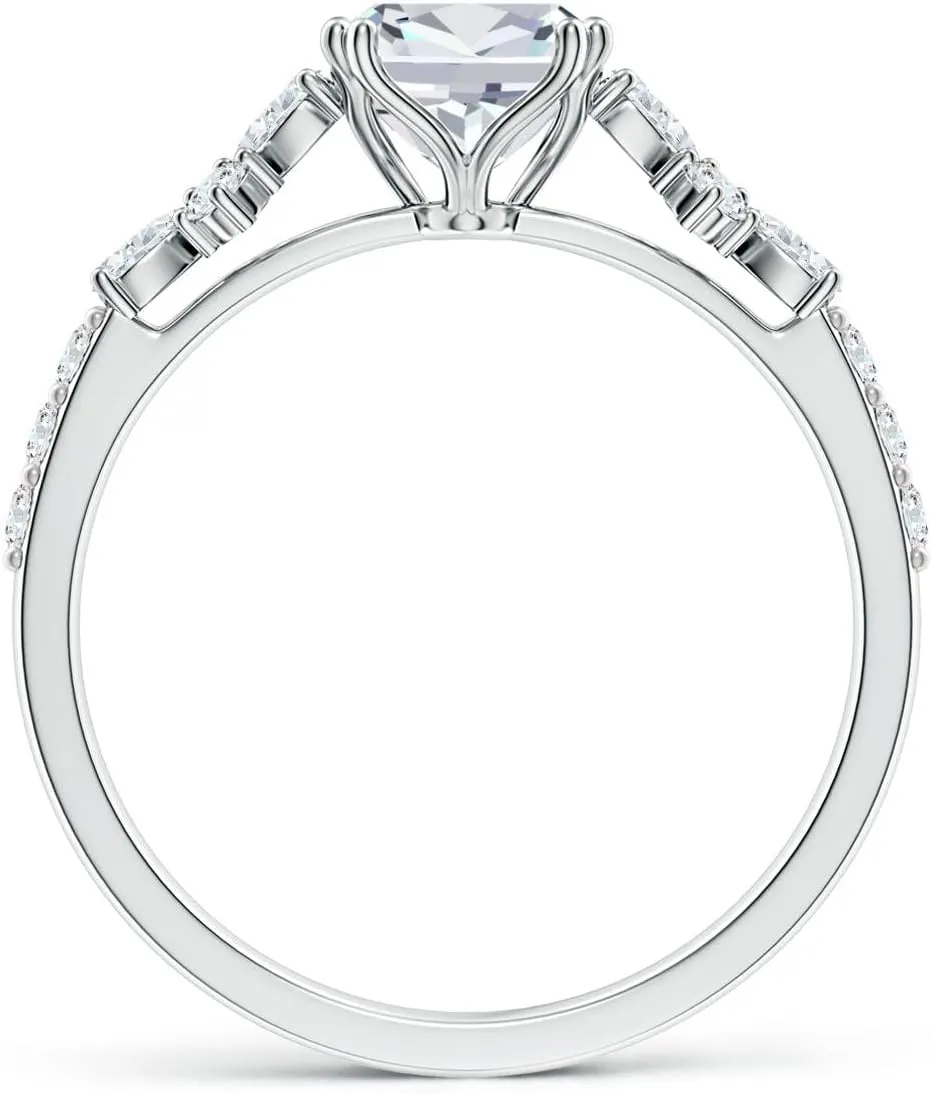 Angara Lab Grown Cushion Rectangular Diamond Side Stone Engagement Ring with Accents in 14K Solid Gold/Platinum | April Birthstone, Birthday, Anniversary, Wedding Jewelry Gift for Women