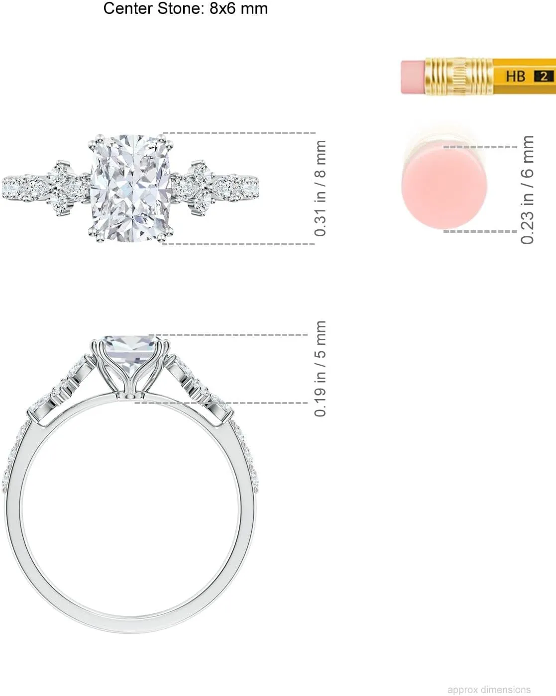 Angara Lab Grown Cushion Rectangular Diamond Side Stone Engagement Ring with Accents in 14K Solid Gold/Platinum | April Birthstone, Birthday, Anniversary, Wedding Jewelry Gift for Women
