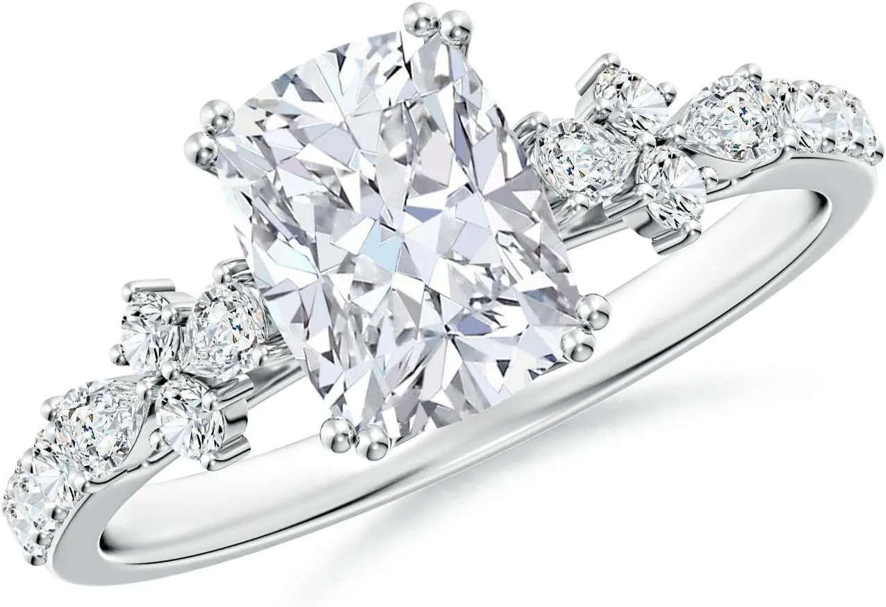 Angara Lab Grown Cushion Rectangular Diamond Side Stone Engagement Ring with Accents in 14K Solid Gold/Platinum | April Birthstone, Birthday, Anniversary, Wedding Jewelry Gift for Women