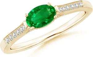 Angara Lab Grown East West Oval Emerald Solitaire Ring with Diamonds in 14K Solid Gold/Platinum | May Birthstone, Birthday, Engagement, Anniversary, Wedding Jewelry Gift for Women