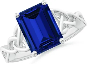 Angara Lab Grown Emerald-Cut Blue Sapphire Celtic Knot Engagement Ring in 14K Solid Gold/Platinum | Birthday, Anniversary, Wedding Jewelry Gift for Women