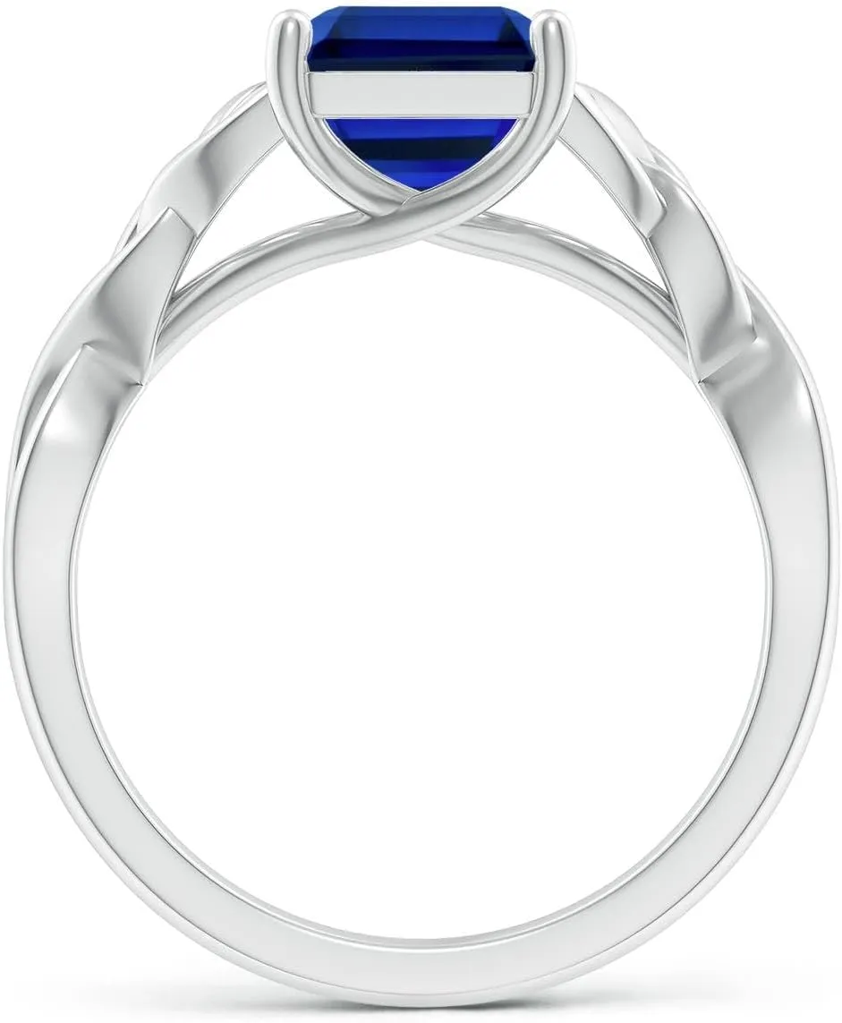 Angara Lab Grown Emerald-Cut Blue Sapphire Celtic Knot Engagement Ring in 14K Solid Gold/Platinum | Birthday, Anniversary, Wedding Jewelry Gift for Women