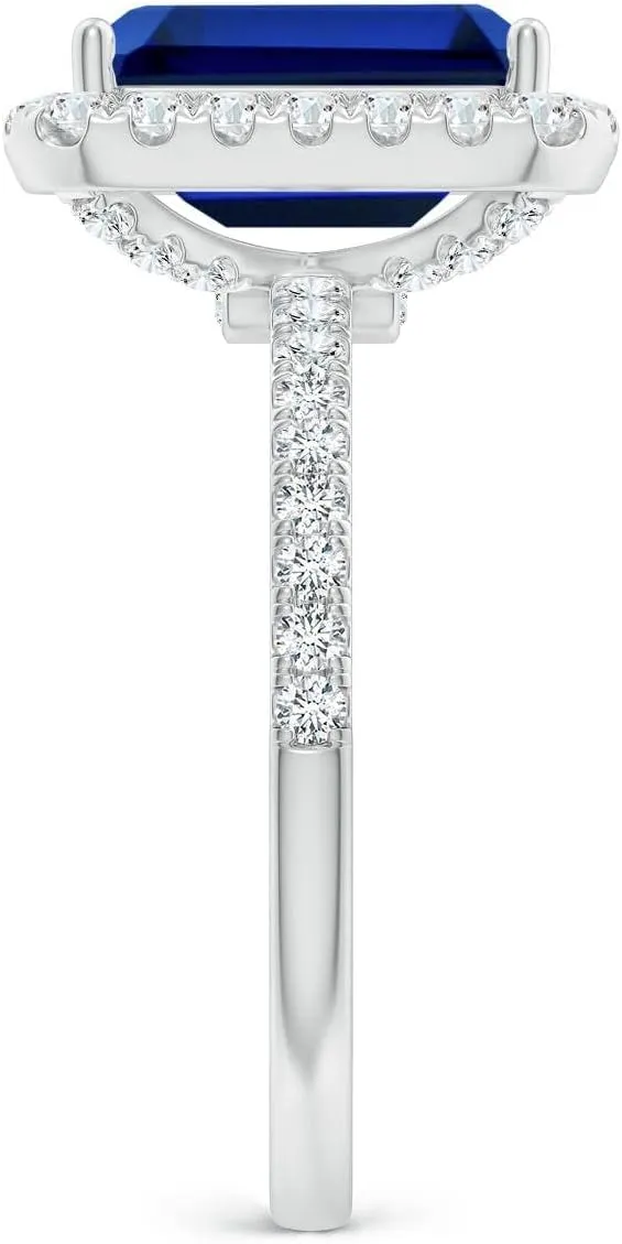 Angara Lab Grown Emerald-Cut Blue Sapphire Classic Halo Engagement Ring in 14K Solid Gold/Platinum | Birthday, Anniversary, Wedding Jewelry Gift for Women