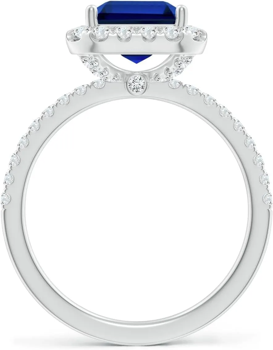 Angara Lab Grown Emerald-Cut Blue Sapphire Classic Halo Engagement Ring in 14K Solid Gold/Platinum | Birthday, Anniversary, Wedding Jewelry Gift for Women