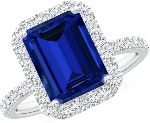 Angara Lab Grown Emerald-Cut Blue Sapphire Classic Halo Engagement Ring in 14K Solid Gold/Platinum | Birthday, Anniversary, Wedding Jewelry Gift for Women