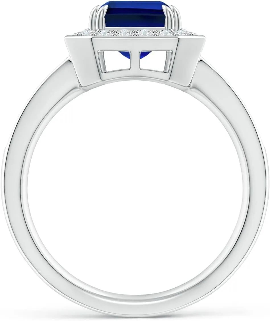 Angara Lab Grown Emerald-Cut Blue Sapphire Engagement Ring with Lab Diamond Halo in 14K Solid Gold/Platinum | Birthday, Anniversary, Wedding Jewelry Gift for Women