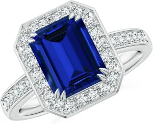 Angara Lab Grown Emerald-Cut Blue Sapphire Engagement Ring with Lab Diamond Halo in 14K Solid Gold/Platinum | Birthday, Anniversary, Wedding Jewelry Gift for Women