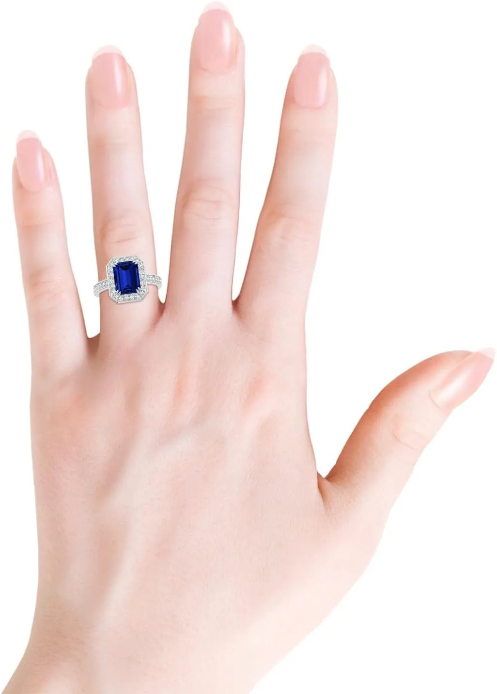 Angara Lab Grown Emerald-Cut Blue Sapphire Engagement Ring with Lab Diamond Halo in 14K Solid Gold/Platinum | Birthday, Anniversary, Wedding Jewelry Gift for Women