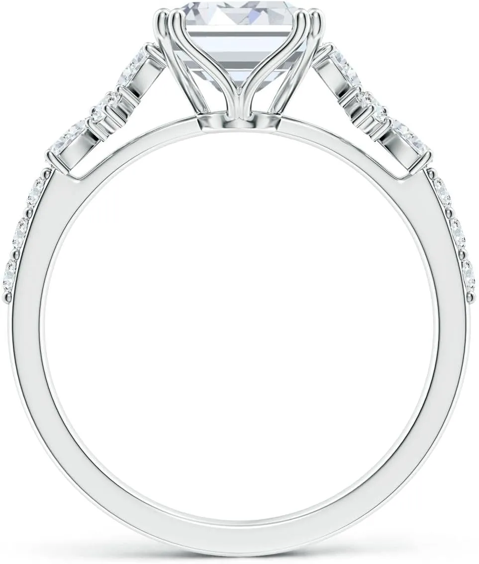 Angara Lab Grown Emerald-Cut Diamond Side Stone Engagement Ring with Accents in 14K Solid Gold/Platinum | April Birthstone, Birthday, Anniversary, Wedding Jewelry Gift for Women