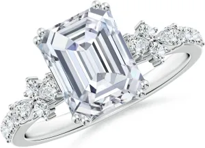 Angara Lab Grown Emerald-Cut Diamond Side Stone Engagement Ring with Accents in 14K Solid Gold/Platinum | April Birthstone, Birthday, Anniversary, Wedding Jewelry Gift for Women