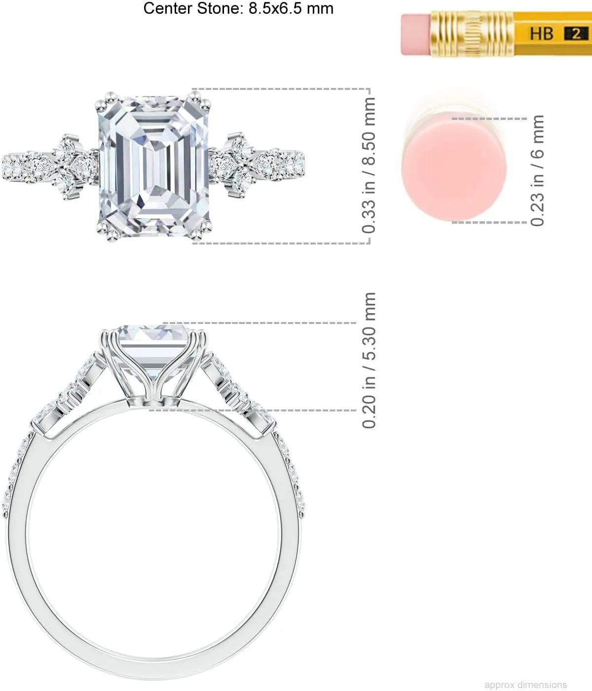 Angara Lab Grown Emerald-Cut Diamond Side Stone Engagement Ring with Accents in 14K Solid Gold/Platinum | April Birthstone, Birthday, Anniversary, Wedding Jewelry Gift for Women