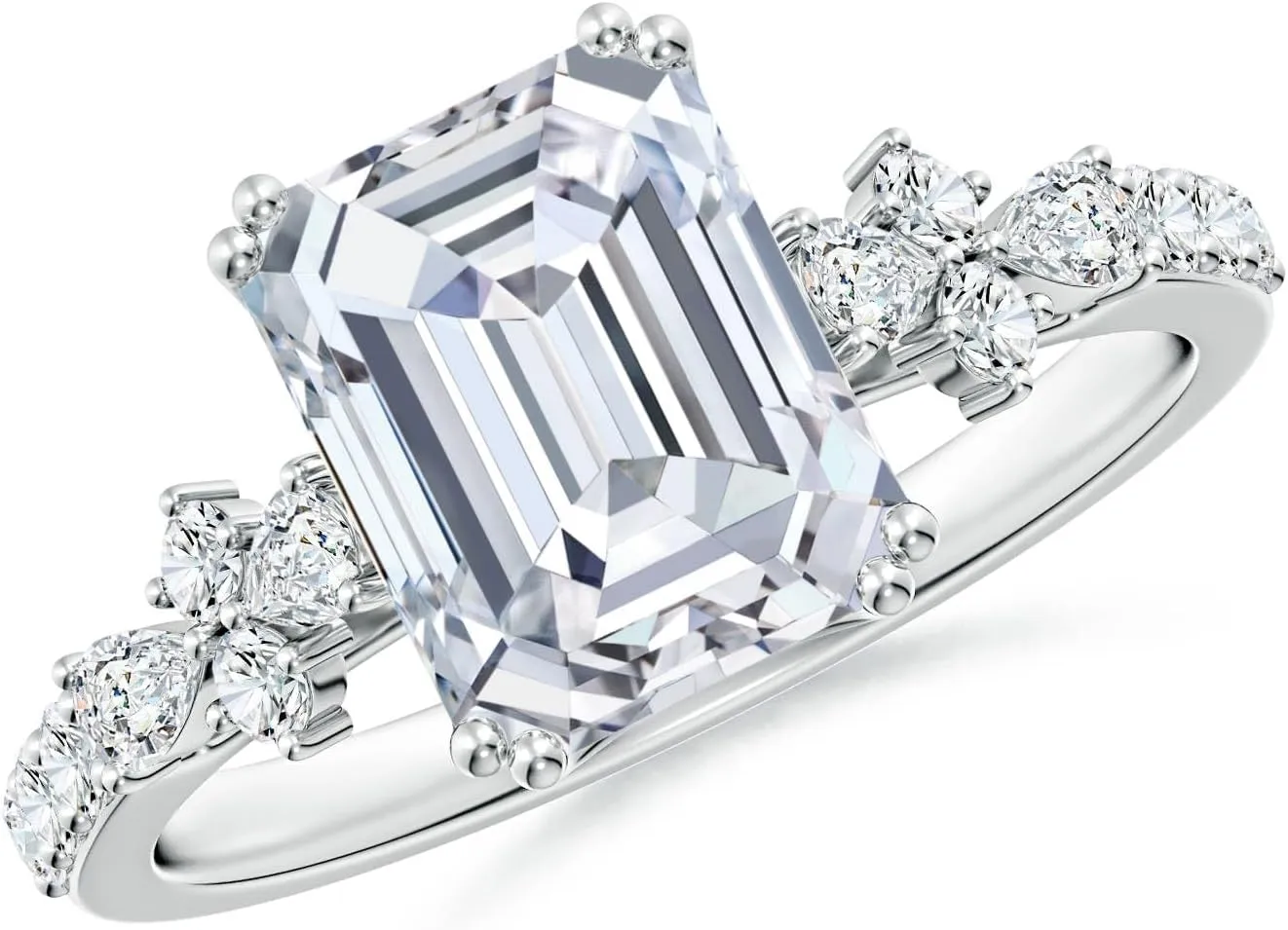 Angara Lab Grown Emerald-Cut Diamond Side Stone Engagement Ring with Accents in 14K Solid Gold/Platinum | April Birthstone, Birthday, Anniversary, Wedding Jewelry Gift for Women