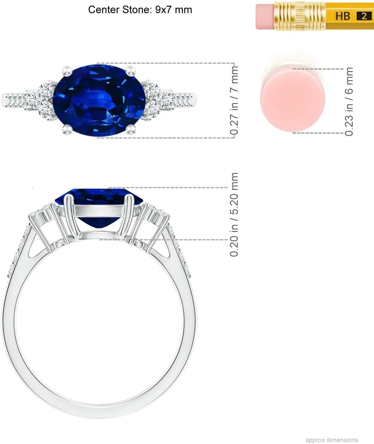 Angara Lab Grown Horizontally Set Oval Sapphire Solitaire Ring with Trio Lab Diamond Accents in Silver / 14K Solid Gold/Platinum | September Birthstone, Birthday, Anniversary Jewelry Gift for Women