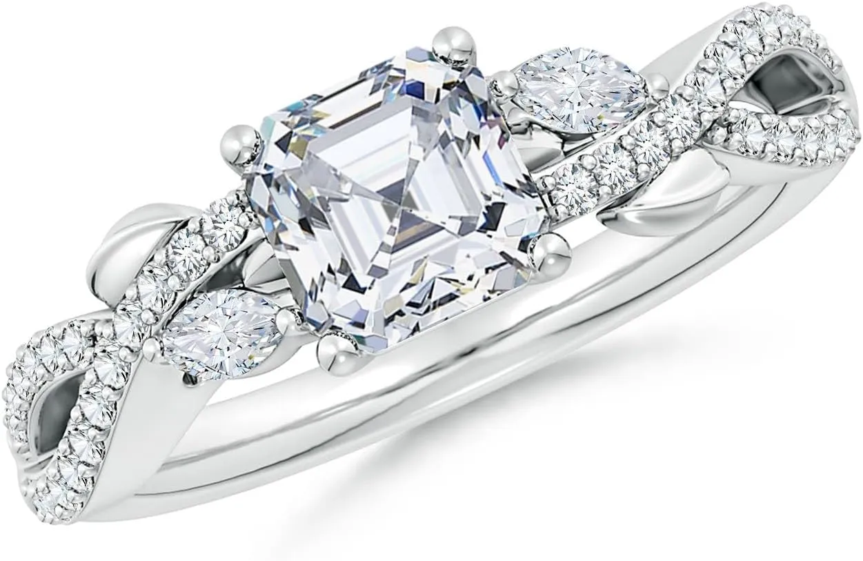 Angara Lab Grown Nature-Inspired Asscher-Cut and Marquise Diamond Side Stone Engagement Ring in Silver / 14K Solid Gold/Platinum | April Birthstone, Birthday, Anniversary Jewelry Gift for Women