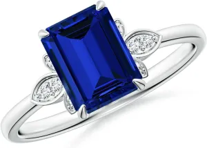 Angara Lab Grown Nature-Inspired Emerald-Cut Blue Sapphire Engagement Ring in 14K Solid Gold/Platinum | Birthday, Anniversary, Wedding Jewelry Gift for Women