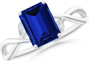 Angara Lab Grown Nature-Inspired Emerald-Cut Blue Sapphire Hidden Halo Engagement Ring in 14K Solid Gold/Platinum | Birthday, Anniversary, Wedding Jewelry Gift for Women