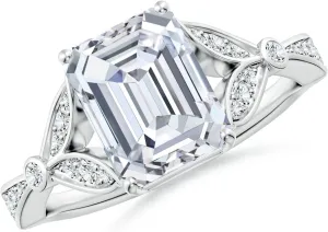 Angara Lab Grown Nature-Inspired Emerald-Cut Diamond Engagement Ring with Leaf Motifs in 14K Solid Gold/Platinum | April Birthstone, Birthday, Anniversary, Wedding Jewelry Gift for Women