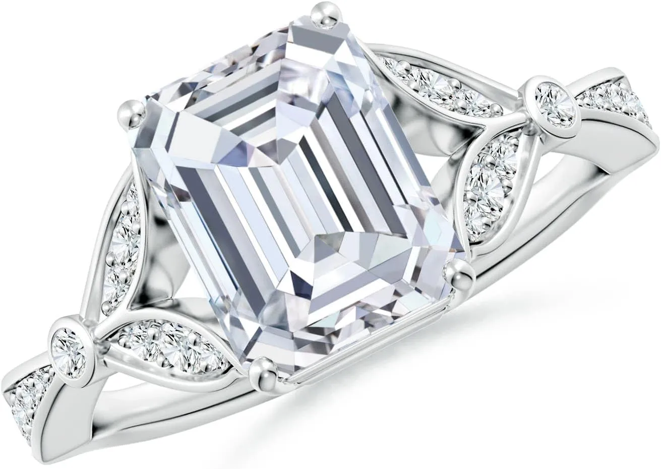 Angara Lab Grown Nature-Inspired Emerald-Cut Diamond Engagement Ring with Leaf Motifs in 14K Solid Gold/Platinum | April Birthstone, Birthday, Anniversary, Wedding Jewelry Gift for Women