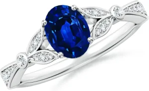 Angara Lab Grown Nature-Inspired Oval Blue Sapphire Engagement Ring with Leaf Motifs in 14K Solid Gold/Platinum | September Birthstone, Birthday, Anniversary, Wedding Jewelry Gift for Women