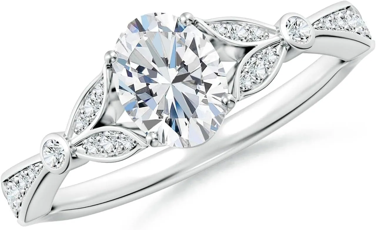 Angara Lab Grown Nature-Inspired Oval Diamond Engagement Ring with Leaf Motifs in 14K Solid Gold/Platinum | April Birthstone, Birthday, Anniversary, Wedding Jewelry Gift for Women