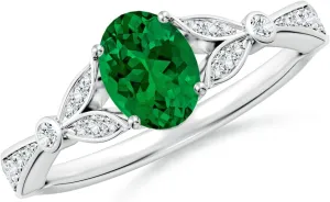 Angara Lab Grown Nature-Inspired Oval Emerald Engagement Ring with Leaf Motifs in 14K Solid Gold/Platinum | May Birthstone, Birthday, Anniversary, Wedding Jewelry Gift for Women