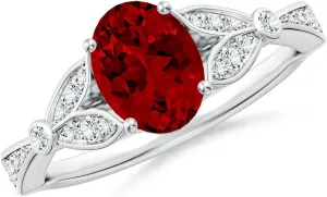 Angara Lab Grown Nature-Inspired Oval Ruby Engagement Ring with Leaf Motifs in 14K Solid Gold/Platinum | July Birthstone, Birthday, Anniversary, Wedding Jewelry Gift for Women