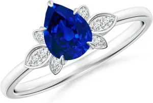 Angara Lab Grown Nature-Inspired Pear-Shaped Blue Sapphire Engagement Ring in 14K Solid Gold/Platinum | Birthday, Anniversary, Wedding Jewelry Gift for Women