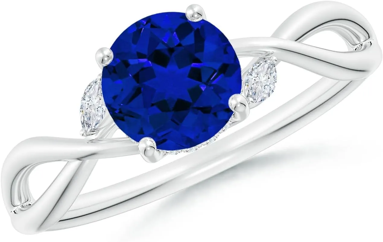 Angara Lab Grown Nature-Inspired Round Blue Sapphire Hidden Halo Engagement Ring in 14K Solid Gold/Platinum | Birthday, Anniversary, Wedding Jewelry Gift for Women