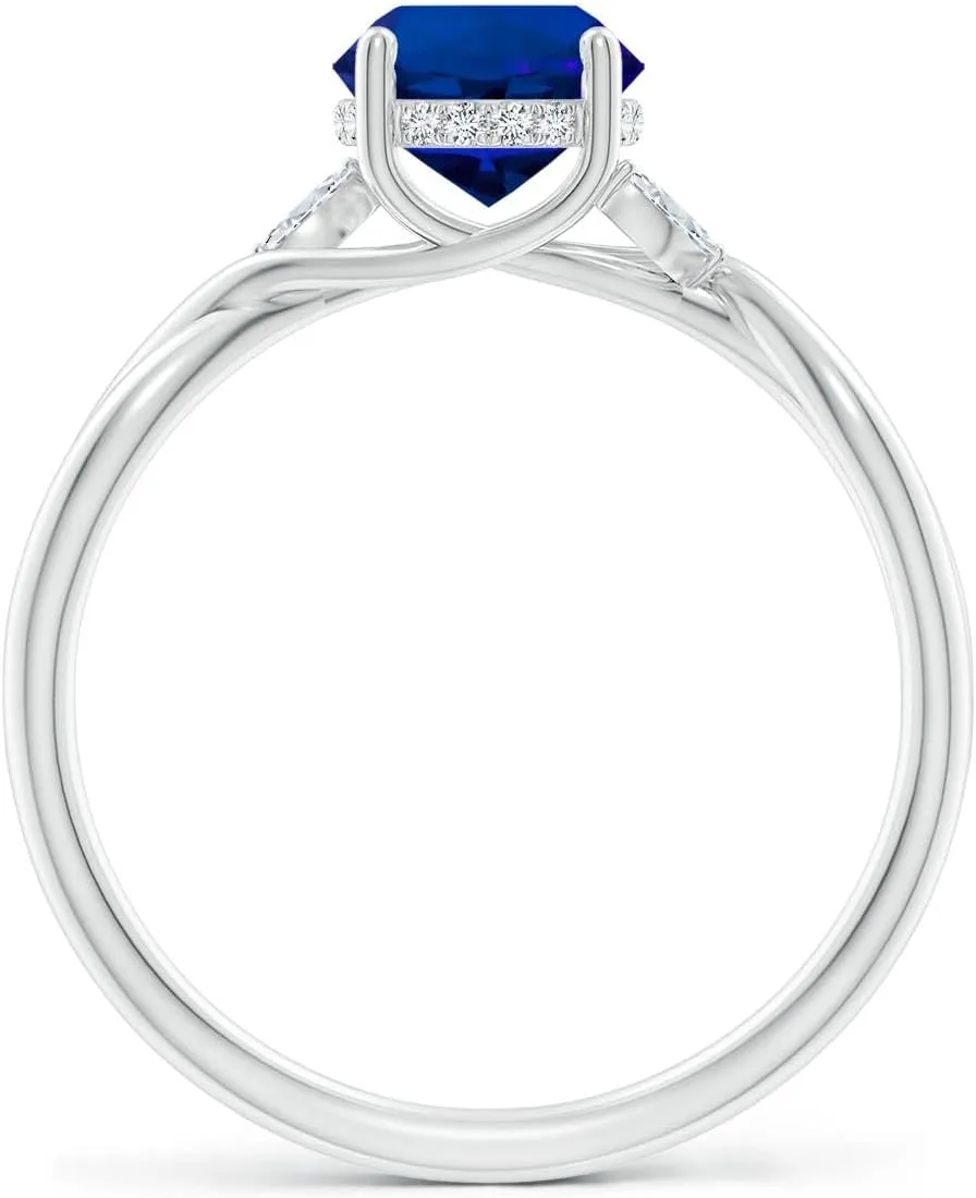 Angara Lab Grown Nature-Inspired Round Blue Sapphire Hidden Halo Engagement Ring in 14K Solid Gold/Platinum | Birthday, Anniversary, Wedding Jewelry Gift for Women