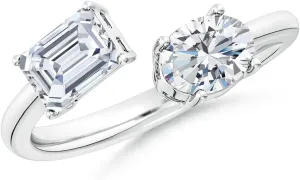 Angara Lab Grown Oval & Emerald-Cut Diamond Two-Stone Open Ring in Silver / 14K Solid Gold/Platinum | April Birthstone, Birthday, Engagement, Anniversary, Wedding Jewelry Gift for Women