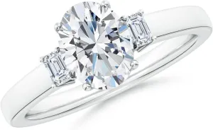 Angara Lab Grown Oval and Emerald-Cut Diamond Three Stone Engagement Ring in Silver / 14K Solid Gold/Platinum | April Birthstone, Birthday, Anniversary, Wedding Jewelry Gift for Women