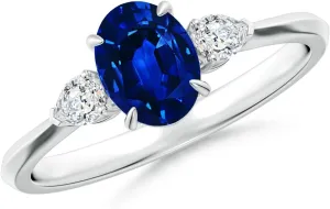 Angara Lab Grown Oval Blue Sapphire and Pear Diamond Three Stone Engagement Ring in 14K Solid Gold/Platinum | September Birthstone, Birthday, Anniversary, Wedding Jewelry Gift for Women