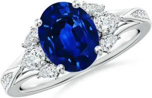 Angara Lab Grown Oval Blue Sapphire Engagement Ring with Lab Pear Diamonds in 14K Solid Gold/Platinum | September Birthstone, Birthday, Anniversary, Wedding Jewelry Gift for Women