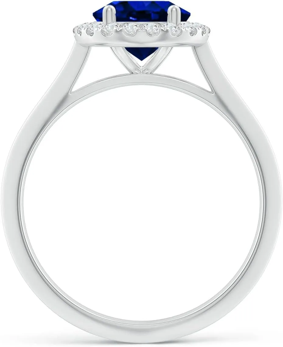 Angara Lab Grown Oval Blue Sapphire Halo Knife-Edge Shank Engagement Ring in 14K Solid Gold/Platinum | September Birthstone, Birthday, Anniversary, Wedding Jewelry Gift for Women