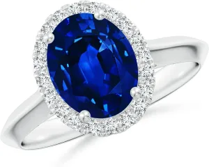 Angara Lab Grown Oval Blue Sapphire Halo Knife-Edge Shank Engagement Ring in 14K Solid Gold/Platinum | September Birthstone, Birthday, Anniversary, Wedding Jewelry Gift for Women
