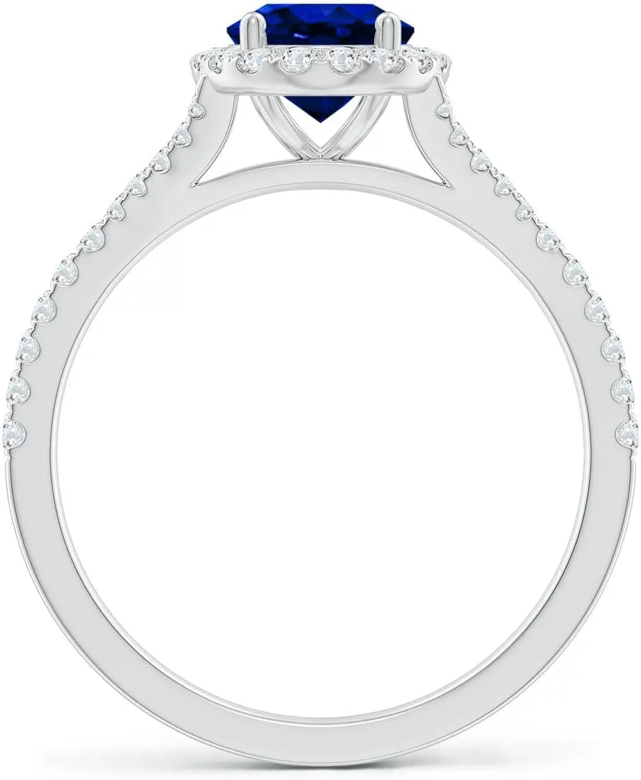 Angara Lab Grown Oval Blue Sapphire Halo Split Shank Engagement Ring in 14K Solid Gold/Platinum | September Birthstone, Birthday, Anniversary, Wedding Jewelry Gift for Women